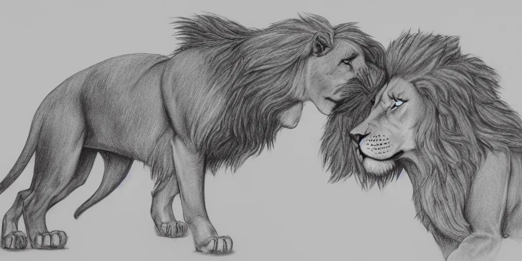 Image similar to full body shot of a large canine with the tail and ears of a lion, pencil drawing, illustration, black and white, artstation