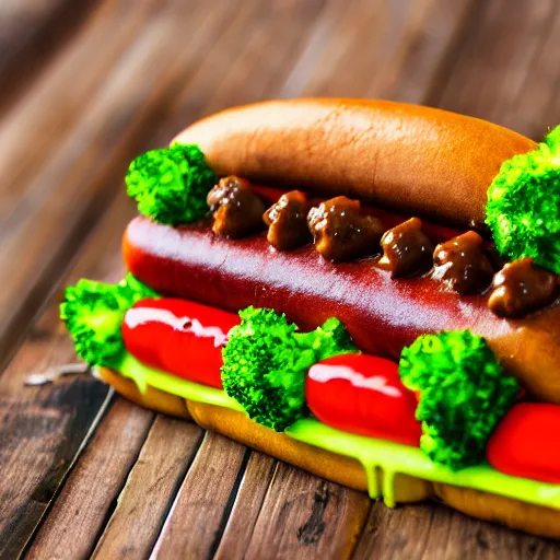 Image similar to photo shoot portrait of a delicious hot dog with broccoli, mustard, ketchup, orio cookies, uhd, detailed, 8k,