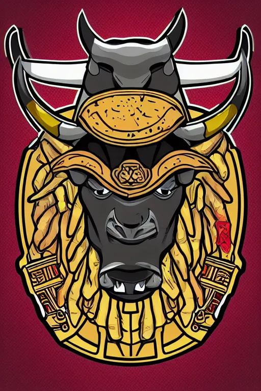 Image similar to A portrait of a bull as evil warlord general, sticker, Anthropomorphized, portrait, highly detailed, colorful, illustration, smooth and clean vector curves, no jagged lines, vector art, smooth