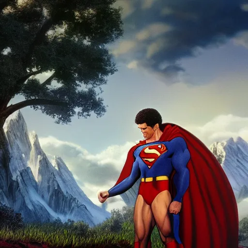 Image similar to a closeup photorealistic photograph of bob ross working on a canvas painting of superman. film still. brightly lit scene. mountains and trees. this 4 k hd image is trending on artstation, featured on behance, well - rendered, extra crisp, features intricate detail, epic composition and the style of unreal engine.