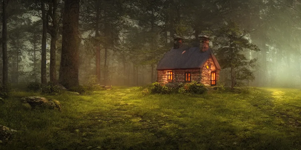 Prompt: solitary cottage in the woods, 8k, fantasy, hyper realistic, dramatic lighting