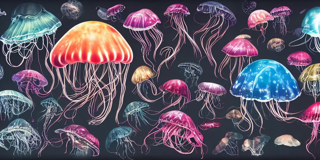 Prompt: full color page scan of various vintage jelly fish illustrations on black background, in matte painting, 2 d, kitbash, 4 k