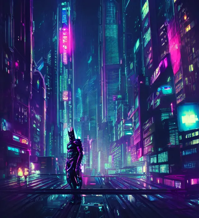 Image similar to character concept of cyberpunk - themed batman, blurry gotham city at night in the background, neon colourful lights | | cinematic rim lighting, global illumination, fine details by stanley artgerm lau, wlop, rossdraws, james jean, andrei riabovitchev, marc simonetti, and sakimichan, trending on artstation