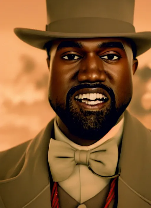 Image similar to portrait kanye west as willy wonka in django unchained, splash art, movie still, cinematic lighting, ray tracing, octane render, long lens, shallow depth of field, bokeh, anamorphic lens flare, 8 k, hyper detailed, 3 5 mm film grain