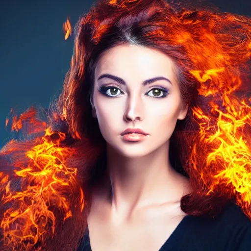 Image similar to a highly detailed headshot portrait of a beautiful woman with hair made of fire concept art