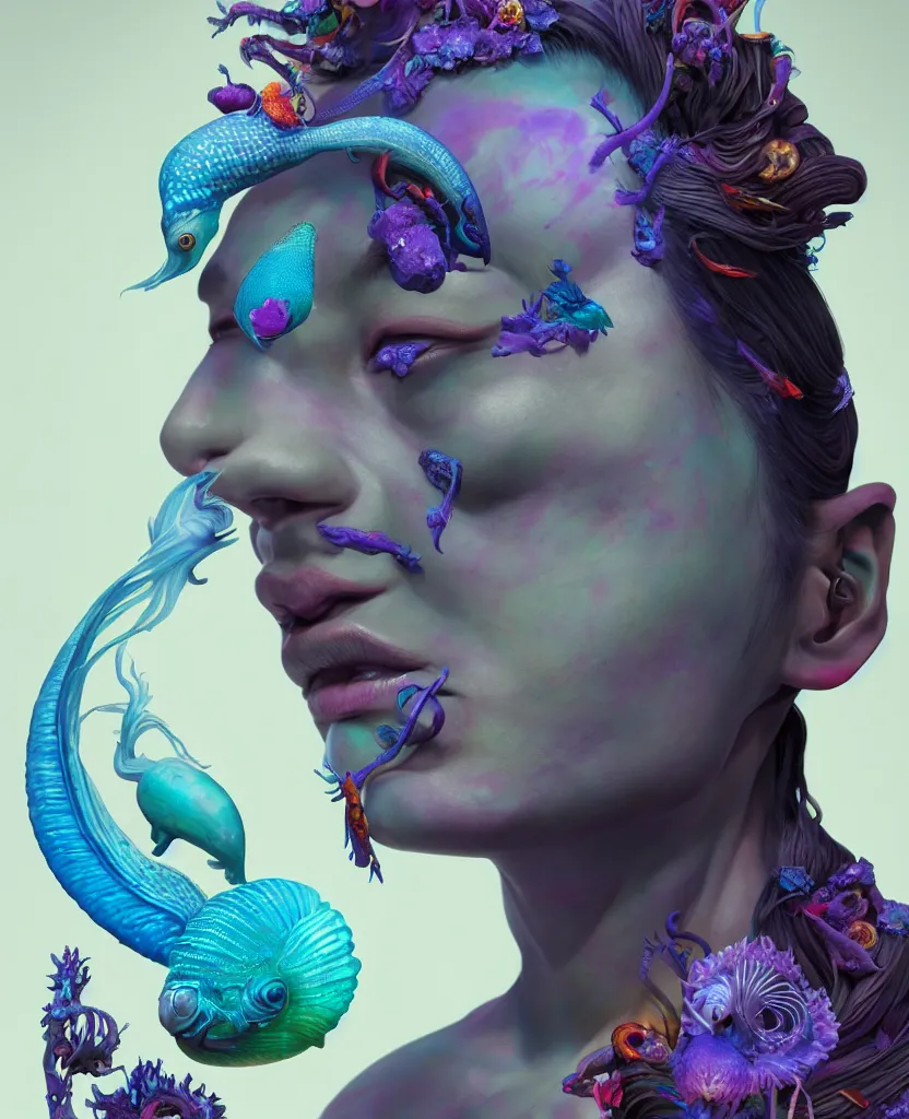 Image similar to goddess full color painted acryllic sculpture close-up portrait. orchid bird phoenix head, nautilus, skull, betta fish, bioluminiscent creatures, intricate artwork by Tooth Wu and wlop and beeple. octane render, trending on artstation, greg rutkowski very coherent symmetrical artwork. cinematic, hyper realism, high detail, octane render, 8k