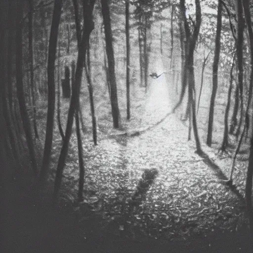 Image similar to grainy trail cam photo still of an alien in the woods at night hiding in the trees of a forest