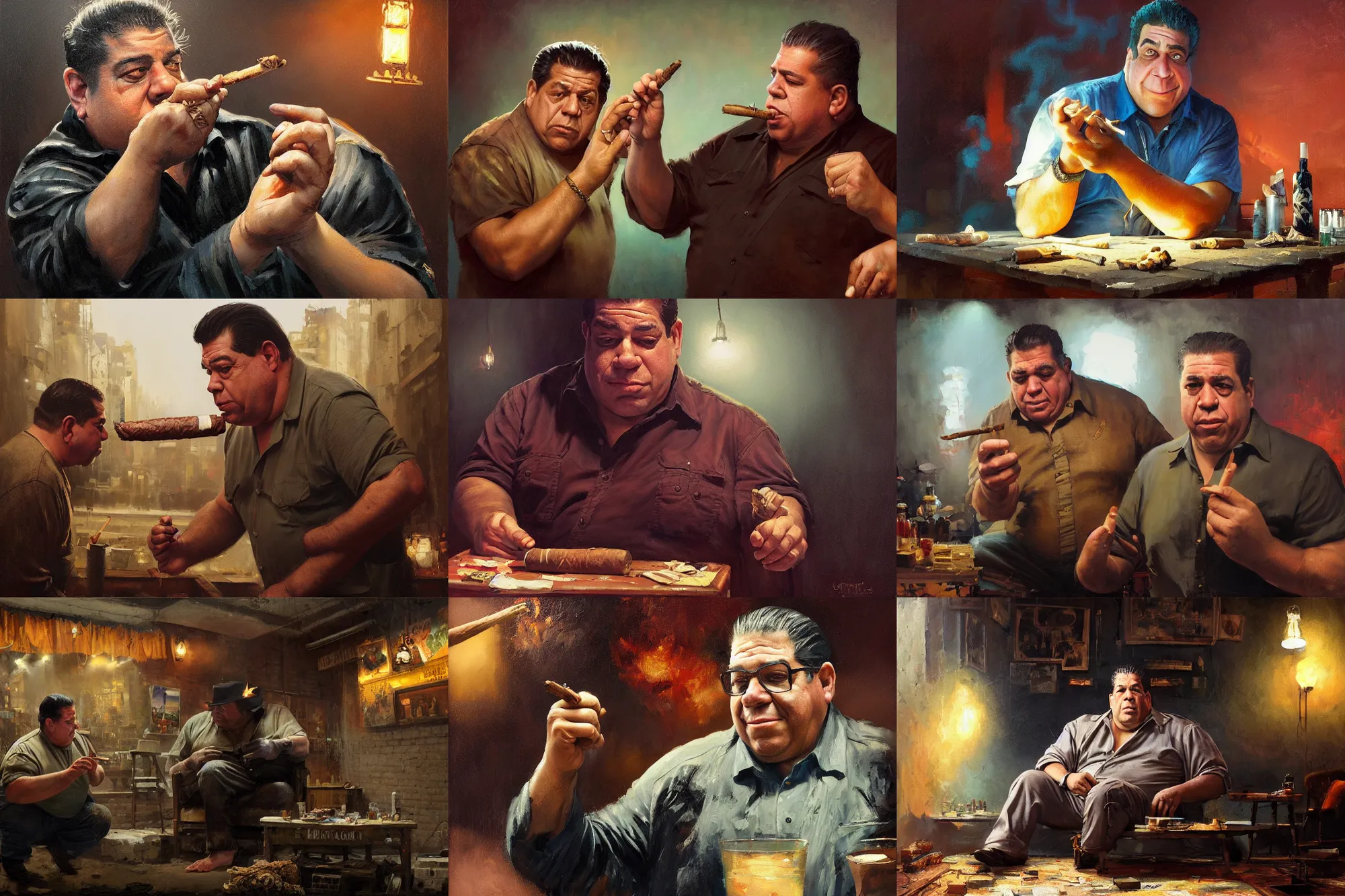 Prompt: an oil painting of uncle joey diaz offering you a cuban cigar, on stage, ultra realistic, highly detailed, masterpiece, cinematic by greg rutkowski, frank frazetta, beeple, christian macnevin, beeple, wlop, krenz cushart, epic fantasy character art, volumetric lighting, cgsociety