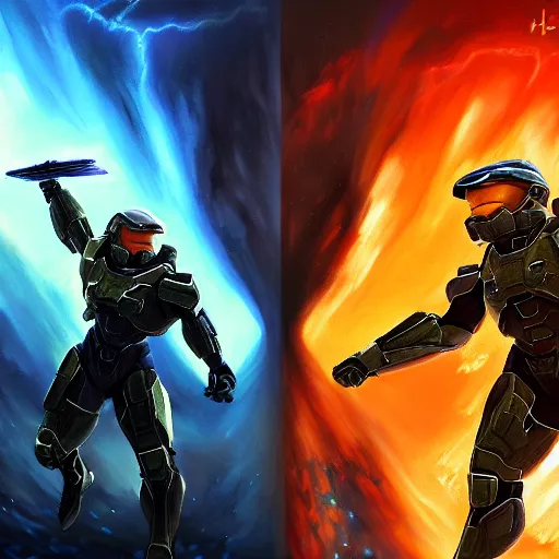 Prompt: halo spartan versus zeus, style of oil painting, ultra detailed, artstation