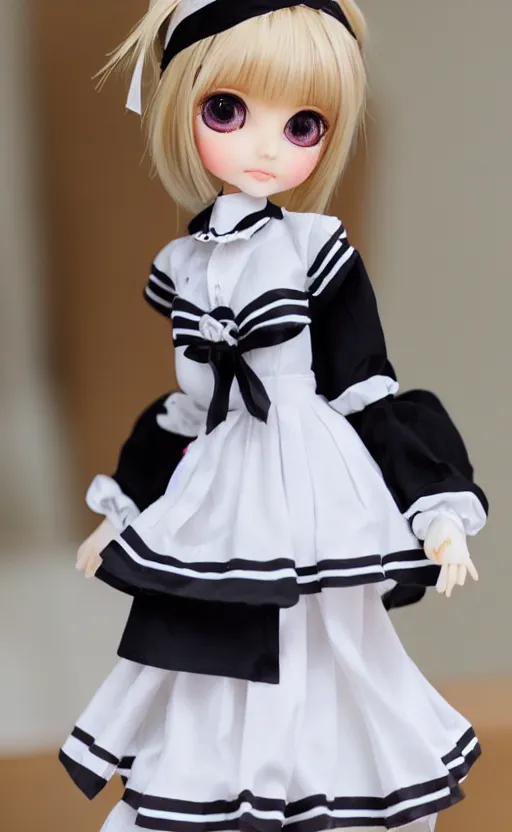 Prompt: dollfie in school uniform, black skirt and white blouse