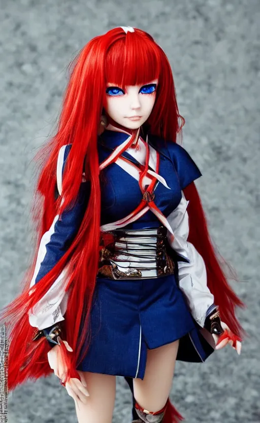 Image similar to dollfie in samurai suit, red hair, blue eyes,