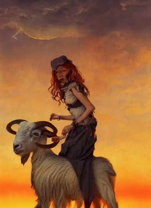 Prompt: symmetry!!! half length portrait of a biblical diabolical witch! girl burning riding a cute goat, fire, clouds, sunset, studio light, by beeple, by mikhail vrubel, by peter elson, muted colors, extreme detail, trending on artstation, 8 k