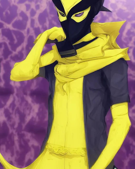 Image similar to Young Arabian half-wolf. Dressed in yellow cloth. Portrait in Persona 5, Persona 5 style, anime