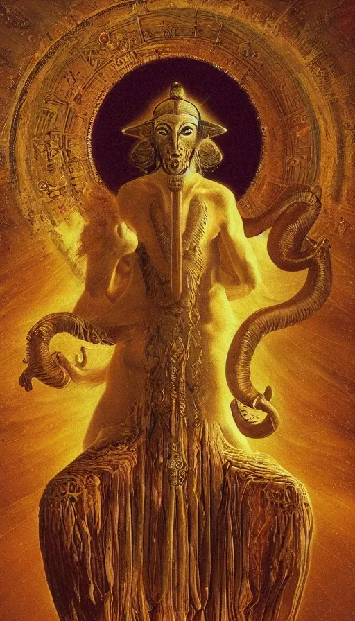 Image similar to the emperor, ram horns sprouting from his head, golden taurus, mars energy, ankh, wisdom, agostino arrivabene