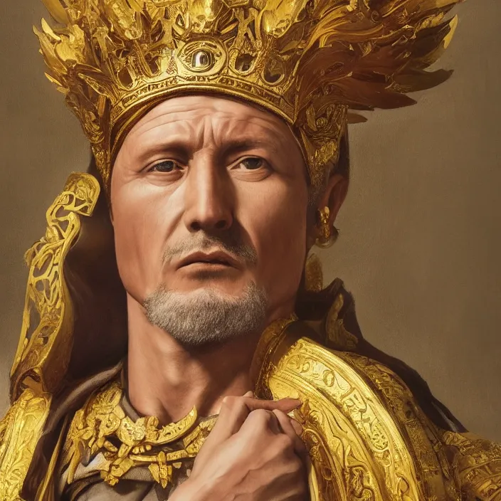 Prompt: excellent painted portrait of the Caesar Invictus the last Emperor of New Rome, dramatic lighting of an emperor's final moment, masterpiece painting with detailed face, 4k, trending on artstation, octane render, art by artgerm and greg rutkowski and alphonse mucha and craig mullins and James Jean and Andrei Riabovitchev and Marc Simonetti and peter mohrbacher