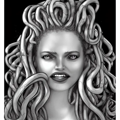 Image similar to medusa portrait marble, black and white, wicked smile, artstation, detailed, blurred background