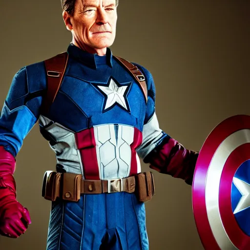 Prompt: bryan cranston as captain america, hd 4k photo