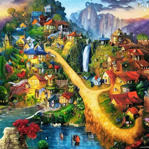 Prompt: waterfall village by james christensen, rob gonsalves, paul lehr, leonid afremov and tim white