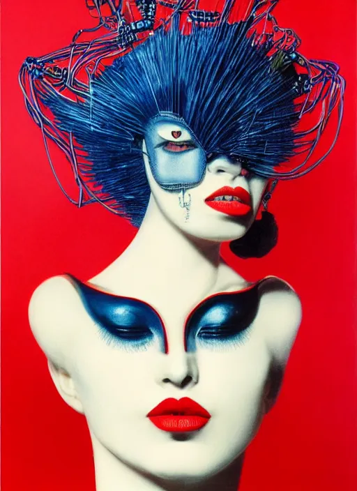 Image similar to an 8 0 s portrait of a woman with dark blue eye - shadow and red lips with dark slicked back hair, a mask made of wire and beads, dreaming acid - fueled hallucinations by serge lutens, rolf armstrong, delphin enjolras, peter elson, red cloth background, airbrush