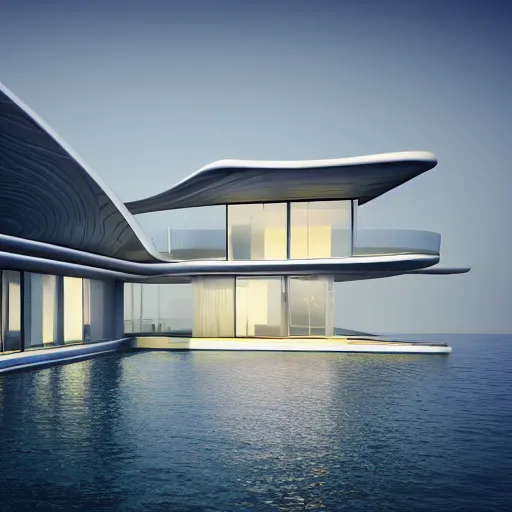 Prompt: 3 d model render of a house under the water, hyperrealistic, octane render, zaha hadid