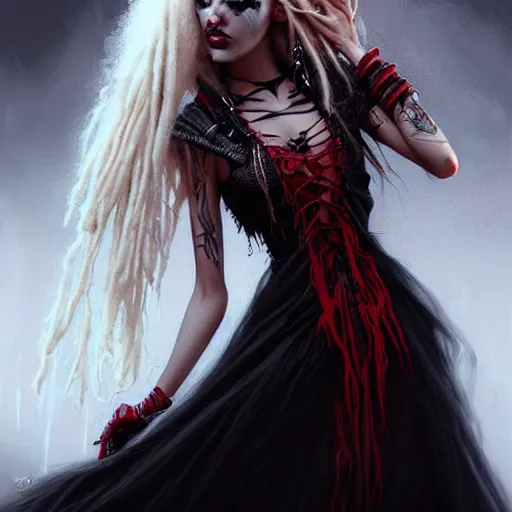 Image similar to photography flawless beautiful psychopathic female with blonde and red dreadlocks in a black ballgown, dark, piercing eyes, exotic expression, esoteric clothing, photorealistic, highly detailed, mysterious lighting, artstation, smooth, sharp focus, art by artgerm, greg rutkowski and luis royo