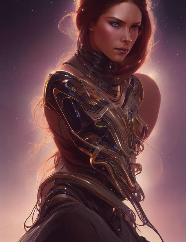 Image similar to futuristic woman portrait, sci-fi, amber eyes, face, long hair, fantasy, intricate, elegant, highly detailed, digital painting, artstation, concept art, smooth, sharp focus, illustration, art by artgerm and greg rutkowski and alphonse mucha