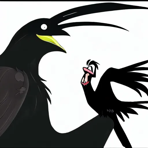 Image similar to a giant black crow screaming at a guy with long white hair, anime, pixiv