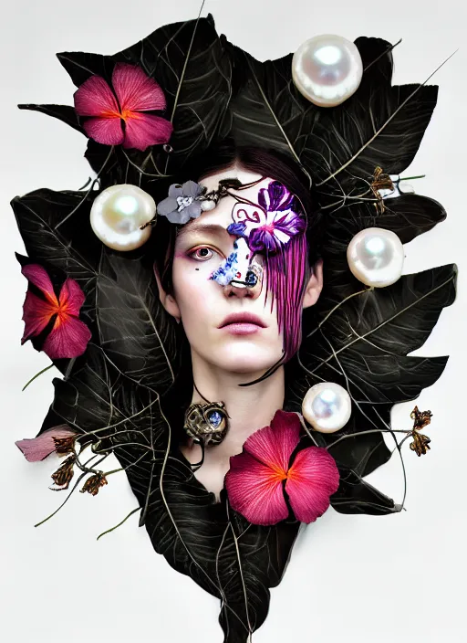 Image similar to fragile delicate biomechanical young female cyborg with porcelain translucent profile face and a big floral eye, big leaves foliage and stems, hibiscus flowers, boho floral fashion by alexander mcqueen, rim light, art nouveau fashion pearl embroidered collar, steampunk, on black background