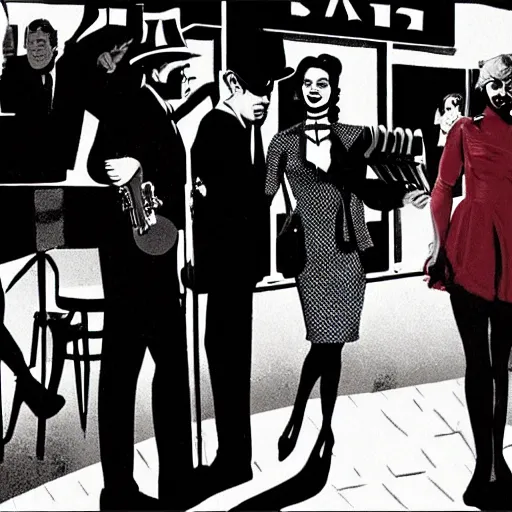 Image similar to film noir jazz bar, crowds of people, she arrived in a red dress,