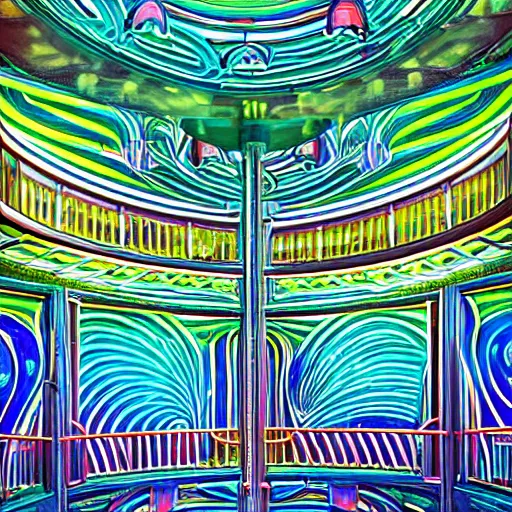 Prompt: dreampool rooms, neon ceramic tiles, spiraling stairs, blue sunlight coming through columns of neon emerald