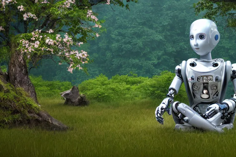 Image similar to professional photo of highly-detailed robot sitting cross-legged with its head pointing down, on a small hill, in a fantasy forest with blooming trees and surrounded my wildlife, river flowing beside the robot, 4k, highly detailed, Unreal Engine