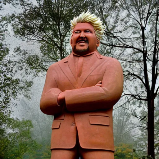 Prompt: A monumental, 10 feet tall sandstone sculpture of Guy Fieri standing, in the middle of a rainy courtyard, natural overcast lighting, museum catalog photography, F 2.8, 85mm Velvia 100, high DOF