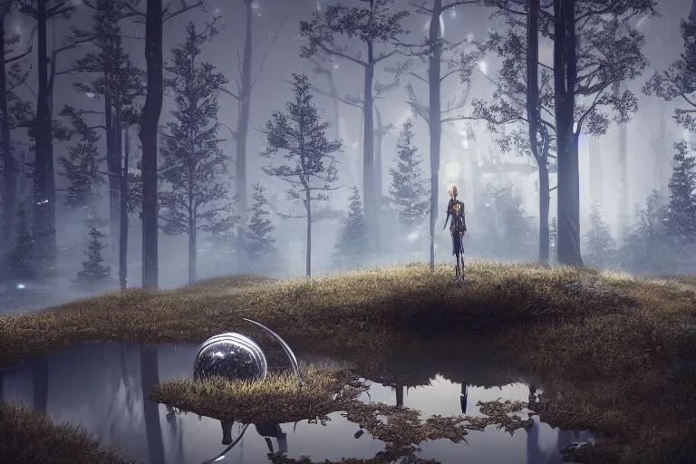 Prompt: a detailed RPG portrait of a broken silver moon floating over a reflective pond in a barren forest by escume, night, mist, octane render, deviantart