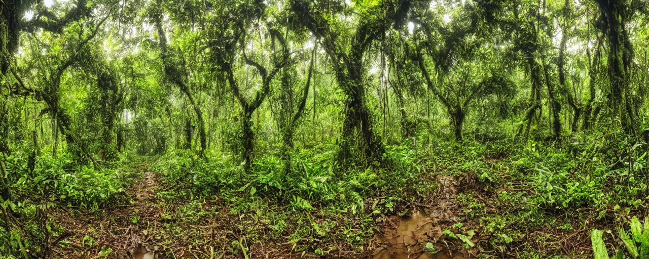 Image similar to photo of a jungle with large trees and vines, mud, puddles, foliage, realistic