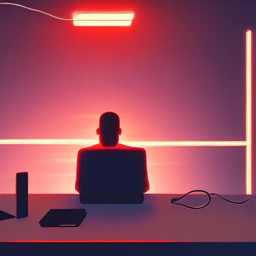 Image similar to a man sitting in front of a computer screen, glow on face, connected with wires to computer, https://i.ibb.co/Wz2Fw91/sebastian-szmyd-vhs-cyberpunk-2.jpg