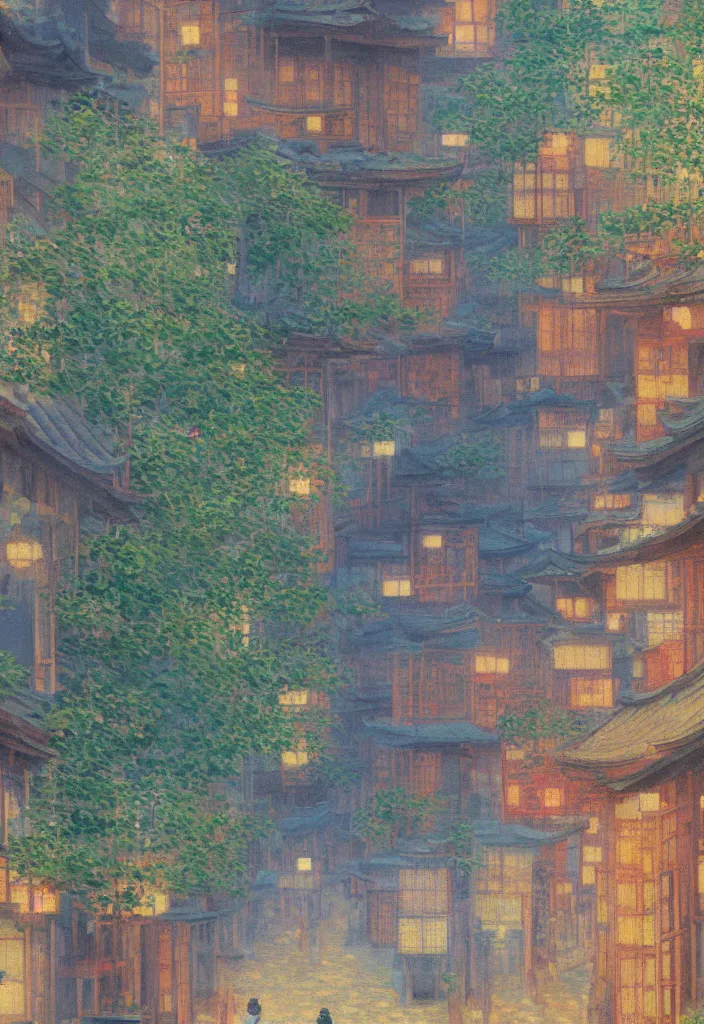 Prompt: a beautiful japanese city near the sea, ryokans and edo era houses, cyberpunk, lofi vibe, colorful, oil painting in impressionist style, by monet, by makoto shinkai, multiple brush strokes, inspired by ghibli, masterpiece