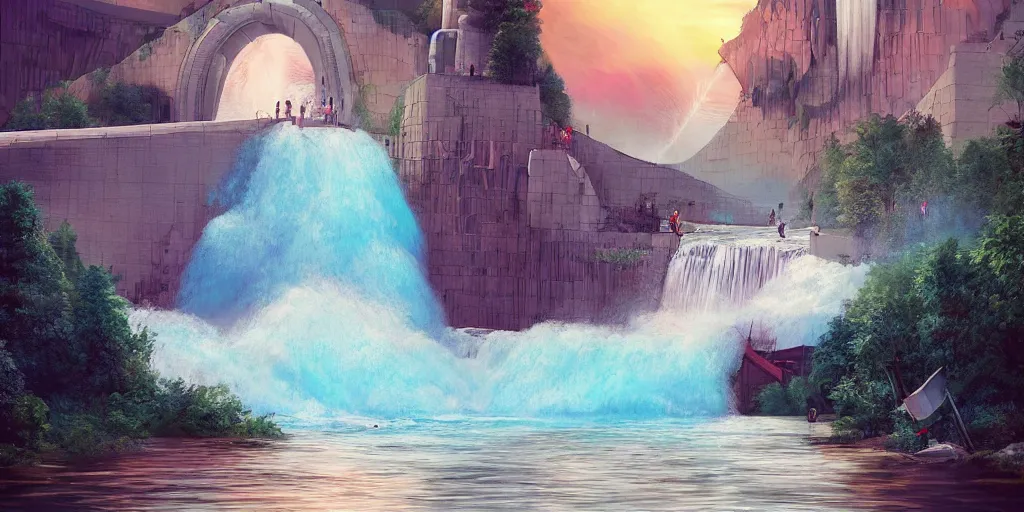 Prompt: dam breach, powerful water flowing, utopian happy atmosphere, incredible masterpiece of digital art, concept art illustration, award - winning, retro futurism