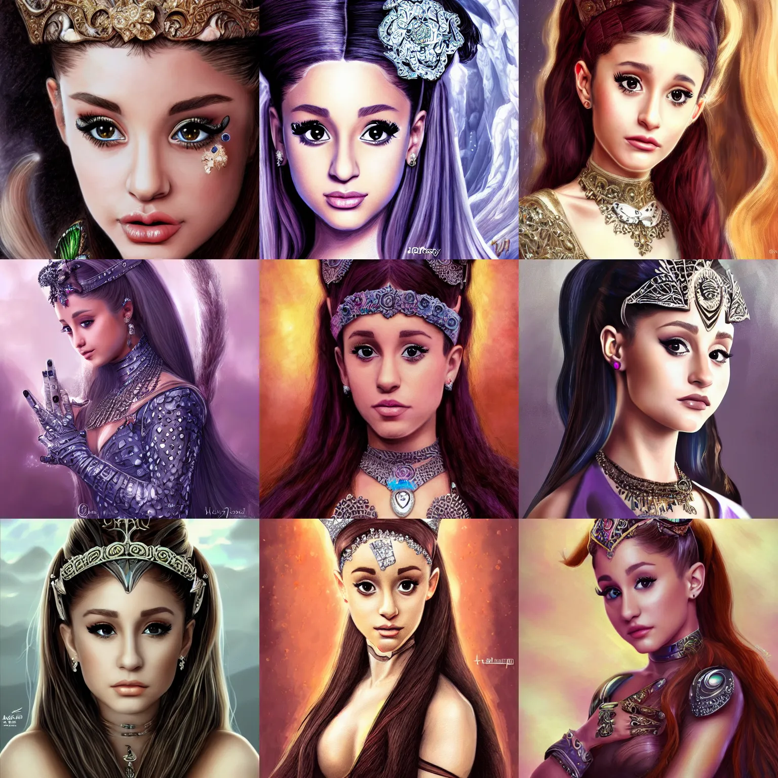 Prompt: Ariana Grande as nobility, beautiful detailed eyes, cute, fantasy, intricate, elegant, highly detailed, digital painting, 4k, HDR, concept art, detailed jewelry, smooth, sharp focus, illustration, art by Howard Chaykin