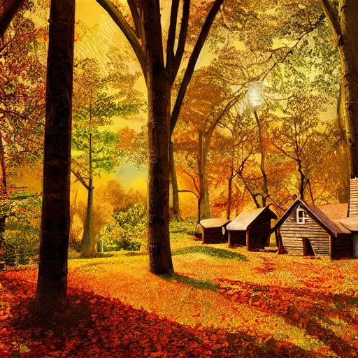 Image similar to a village full of tree houses nestled in a forest, golden hour, autumn leaves, realistic high quality art digital art