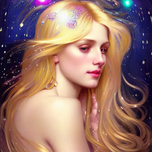 Image similar to portrait of a blonde girl surrounded by shimmering reflective gems, face, fantasy, intricate, elegant, dramatic lighting, highly detailed, lifelike, photorealistic, digital painting, artstation, concept art, smooth, sharp focus, illustration, art by John Collier and Krenz Cushart and Artem Demura and Alphonse Mucha and and Albert Aublet