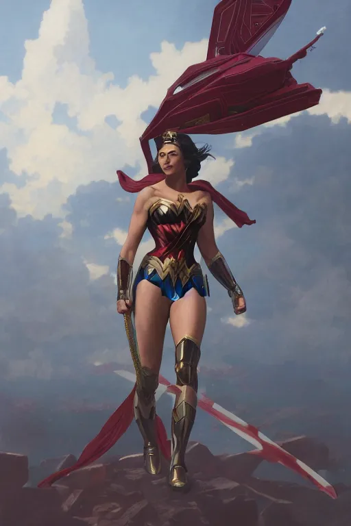 Image similar to wonder woman gundam, unreal engine 8 k, illustration, comprehensive art, thorough details, intricate, artstation atmosphere, highly detailed, symmetrical, concept art, nc wyeth, artstation, craig mullins, william adolphe bouguereau, digital painting, james jean, joao ruas, takashi murakami, gregory crewdson cinematic lighting, 4 k