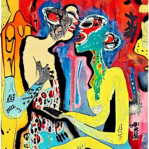 Image similar to watercolor painting of two bizarre psychedelic monster women kissing in japan in winter, speculative evolution, mixed media collage by basquiat and jackson pollock, maximalist magazine collage art, sapphic art, psychedelic illustration