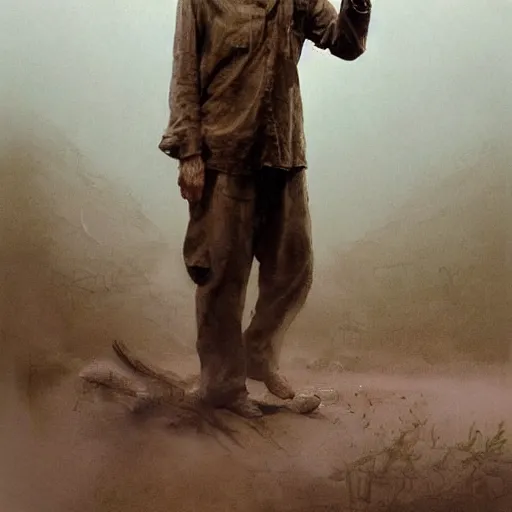 Image similar to a highly detailed epic cinematic concept art CG render digital painting artwork costume design: Henry Fonda as a 1950s tired disillusioned poet, barefoot, holding a cigarette. volumetric lighting. By Greg Rutkowski, in the style of Francis Bacon and Syd Mead and Norman Rockwell and Beksinski, open ceiling, highly detailed, painted by Francis Bacon and Edward Hopper, painted by James Gilleard, surrealism, airbrush, Ilya Kuvshinov, WLOP, Stanley Artgerm, very coherent, triadic color scheme, realistic facial expression, art by Takato Yamamoto and James Jean