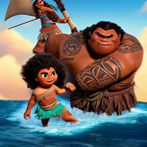 Image similar to moana fighting with zeus in the style of god of war