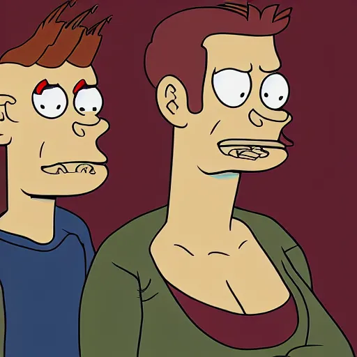 Image similar to a realistic portrait of fry and lila from futurama in the style of h. r. giger