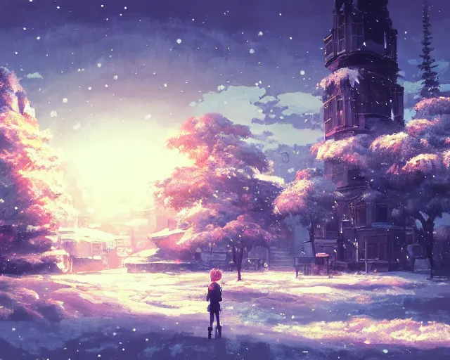 Image similar to scenery artwork, scene beautiful, light!! light essential calm and cozy winter world snow and night, surrealism oil on canvas, artstation!! pixiv!! dream scenery, quality studio ghibli projection render, nier automata concept art, vaporwave textures