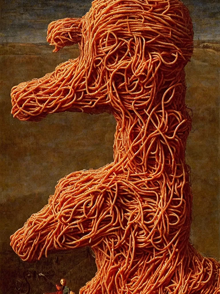 Image similar to a boy made of spaghetti and tomato sauce, sitting on top of a horse, autumn night, by giuseppe arcimboldo and ambrosius benson, renaissance, intricate and intense oil paint, a touch of beksinski and hr giger and edward munch, realistic