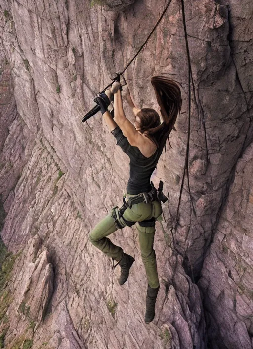 Image similar to close-up portrait action shot of Lara Croft hanging from a cliff ridge, Les Edwards, Zdzislaw Beksinski, Carl Gustav Carus, John Harris, Michal Karcz, Zhang Kechun, Mikko Lagerstedt, Scott Listfield, Steven Outram, Jessica Rossier