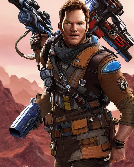 Prompt: Chris Pratt as an Apex Legends character digital illustration portrait design by, Mark Brooks and Brad Kunkle detailed, gorgeous lighting, wide angle action dynamic portrait