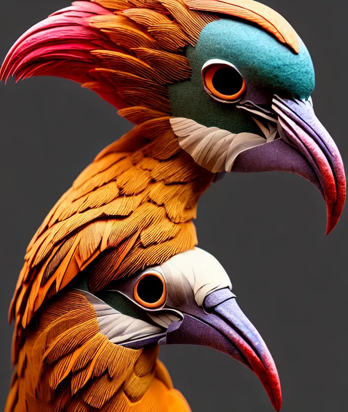 Prompt: a high resolution realistic photo portrait of a birdlike sculpture creature made of birds merged, creature wrinkles pheasant, feathers exotic morphing hoopoe, morphing wings king vulture head, global illumination, refraction, displacement map, bump map, normal map